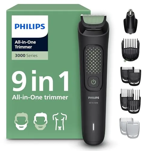 Philips Recortadora Todo En Uno series 3000, Kit 9 en 1, Afeitadora y cortapelos Hombre para Rostro, Pelo y Cuerpo, Barba, Cuchillas Autoafilables suaves con la piel, 12 longitudes, MG3946/15