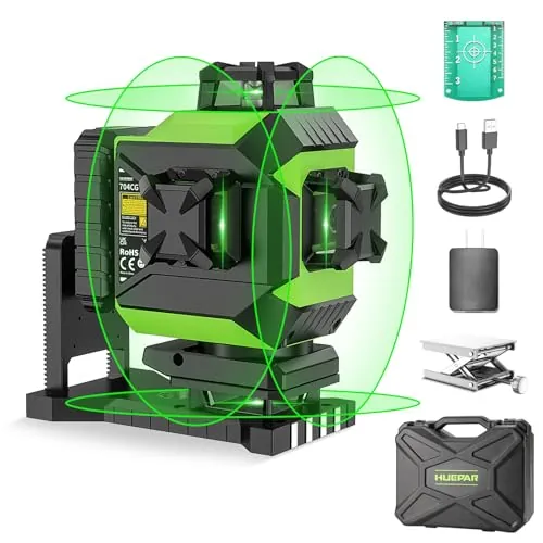 Huepar 4x360 Línea cruzada láser Nivelación automática 4D Luz verde Línea cruzada 16 líneas para baldosas Herramienta láser para pisos-2x360 Línea láser horizontal/vertical-Recargable 704CG