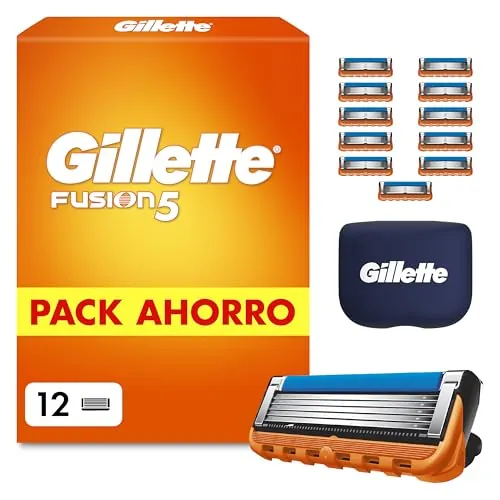 Gillette Fusion5 Cuchillas de Afeitar Hombre, Pack de 12 - Recambios para Maquinillas de Afeitar con 5 Hojas, Banda de Gel Lubricante Y Recortadora de Precisión