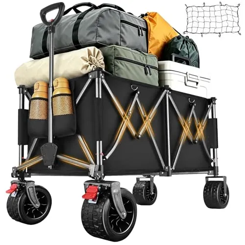 YEAUPE PRO Carro Playa Plegable con Ruedas Anchas y Frenos 245L Negro | Capacidad de 200 kg, estructura reforzada con doble freno y mango ajustable para playa, camping y actividades exteriores