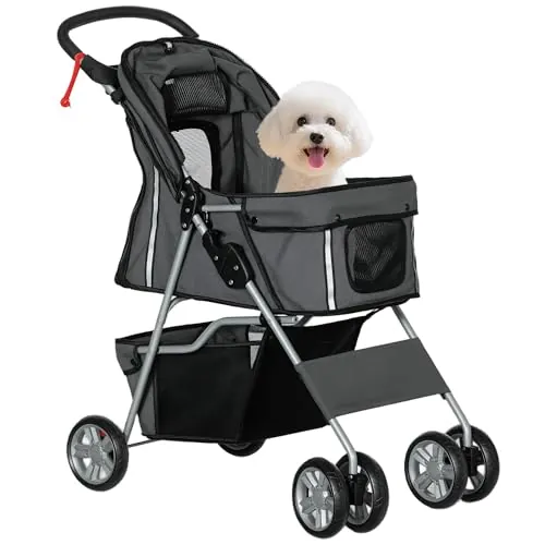 PawHut Carrito para Perros Plegable, Cochecito para Perros Pequeños con Cesta de Almacenaje, Ventanas de Malla, Portavasos, Ruedas de EVA, Cojín Lavable, Frenos, Carga 10 kg, 75x45x97 cm, Gris Oscuro