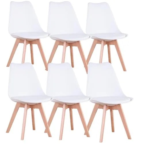 Uderkiny Juego de 6 Sillas de Comedor, Sillas Escandinavas, Patas de Madera Maciza, Diseño Nórdico Ergonómico, Ideal para Comedor, Salón, Cocina, Dormitorio (Blanco, 6)