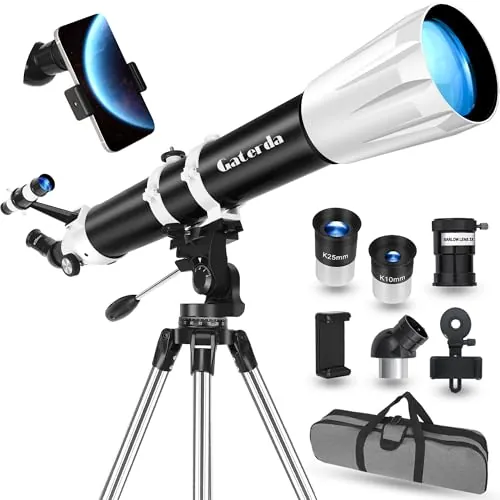Gaterda Telescopio Astronómico Adultos, 90 mm Apertura 900 mm HD Telescopio Profesional Refractor para Adultos y Principiantes con Bolsa Portátil, Trípode y Adaptador para Teléfono