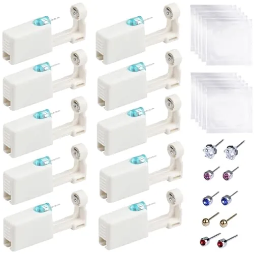 10 Piezas Pistolas Perforar Orejas Desechables, Kit Piercing Oreja Portátil con Pendientes Circón y Algodón Alcohólico, Herramienta Perforación Seguro Estéril para Mujeres, Hombres, Perforador Nariz