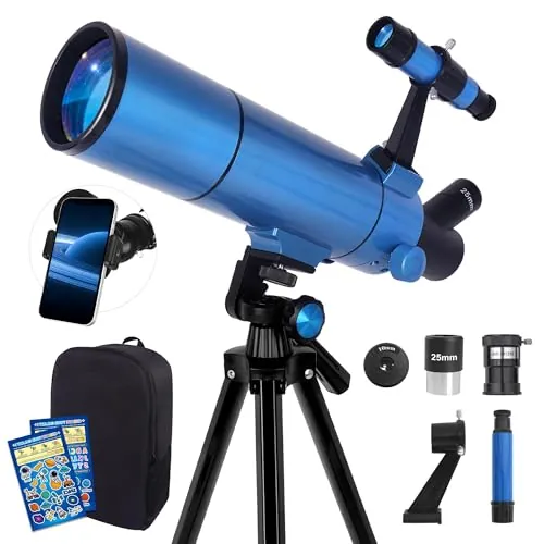 YENGUAN Telescopio para Adultos y niños – 80500 Refractor Telescopio para Principiantes – Portátil con Mochila, Soporte para teléfono – Versión Azul eléctrico