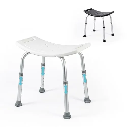 Mobiclinic®, Taburete de Baño, Conteras Antideslizantes, Regulable en 7 Alturas, Asiento en U, Agujeros Drenaje, hasta 100 Kg, Ligero, Fácil Montaje, Aluminio, San Fermín
