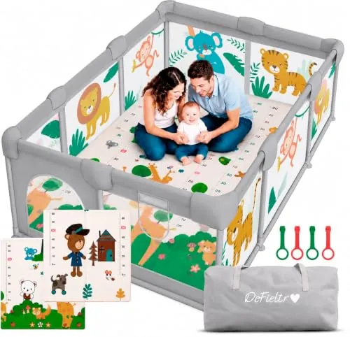 DeFieltro Parque Infantil Bebe 150 x 180 cm Selva, Corralito Bebé con Malla Transpirable, Alfombra, 4 Anillas y Bolsa de Transporte, Ventosas Antideslizantes y Esquinas Acolchadas