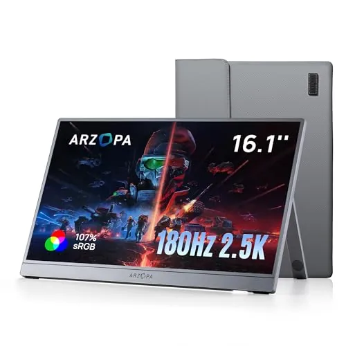 ARZOPA Monitor portátil 16,1" 2,5K 180Hz Pantalla portátil Gaming QHD 2560×1440 107% sRGB HDR10 Diseño con soporte integrado y funda protectora compatible con PS5, Xbox, Switch, PC, Mac-Z3FC Gris