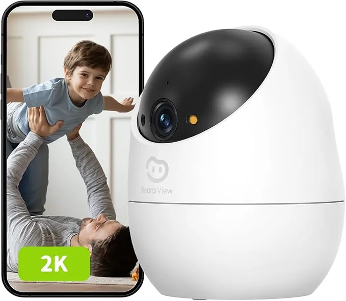 Beans View 2K (3MP) Cámara de Interior para Seguridad, visión Nocturna en Color, Vista de 360°, cámara Wi-Fi para Mascotas/Perros/Gatos, Detección Humana, Autoseguimiento, Compatible con Alexa D210