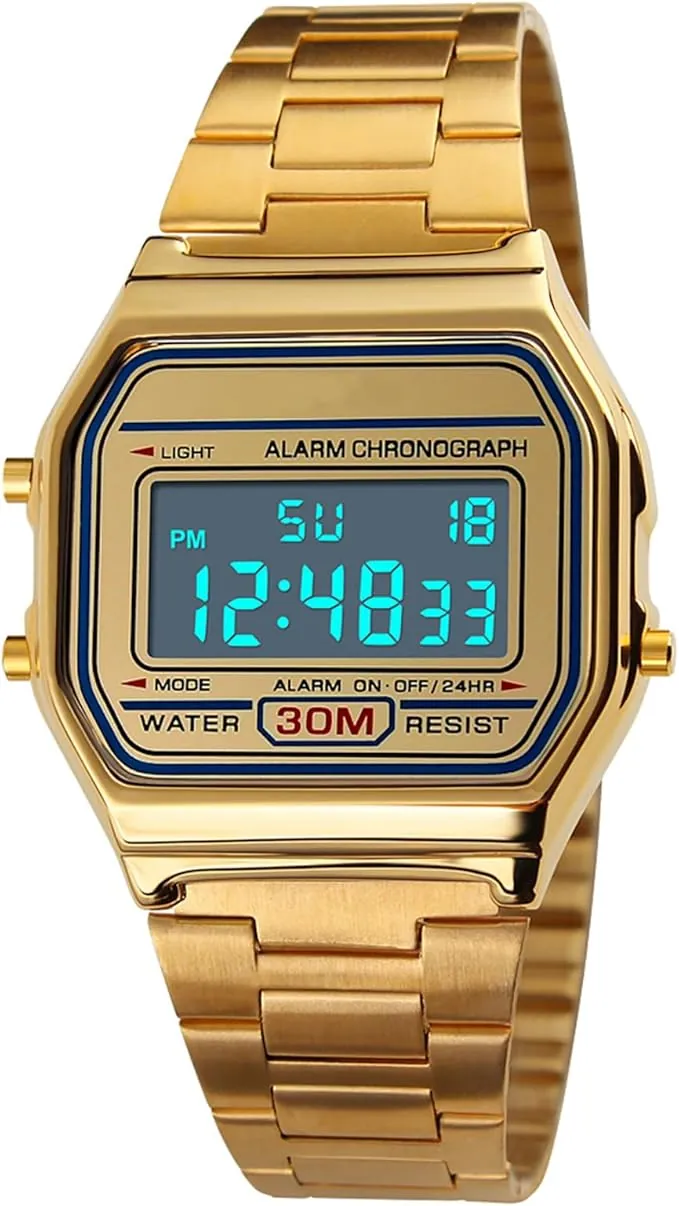 FAMKIT Reloj Digital Retro Unisex - Reloj de Acero Inoxidable Resistente al Agua 30M, Cronómetro Multifunción para Hombre/Mujer