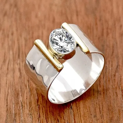 Anillo de circonita cúbica ovalada de dos tonos de estilo minimalista para mujer, joyería de fiesta, 7, Latón, Zirconia cúbica