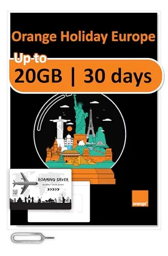 Tarjeta SIM prepago Orange Holiday Worldwide con 20 GB por 30 días en 4G/LTE | Tethering Permitido | Llamadas y SMS | Incluye Soporte SIM + Pin (SIM Internacional, Asia, América, Europa)