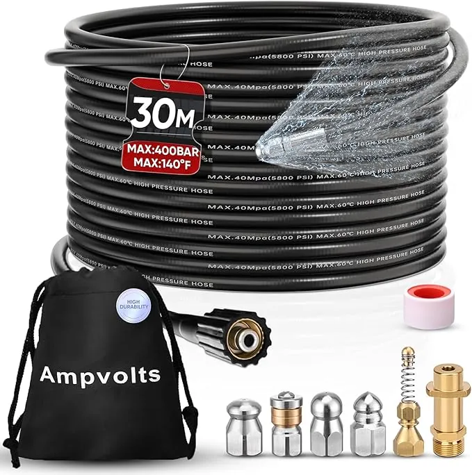 Desatascador de Tuberías a Presión - 400 Bar/5800 PSI, 5 boquillas y Adaptador de Latón Compatible con Hidrolimpiadoras Karcher K2 K3 K4 K5 K6 K7 (30M, Adaptador Karcher Latón)