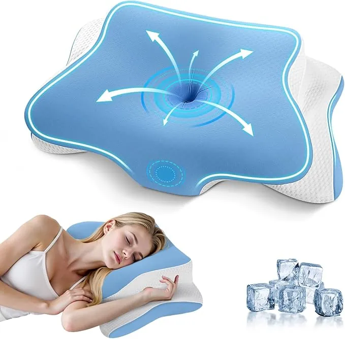 A-Pce Almohada Cervicales y Cuello Viscoelastica, 2 en 1 Almohada Cervical Ergonómico Espuma de Memoria Almohadas Ortopedica para Soporte de Cabeza/Cuello/Hombro, 66x39x10/13cm, Azul