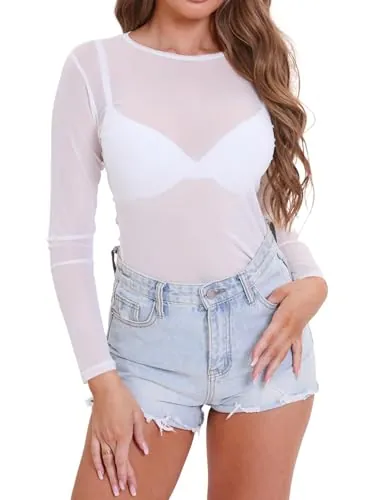 Eisnnu Mujer Camiseta Transparente Manga Larga Camiseta Sexy Malla Top Camiseta básica de Manga Larga para Fiesta, Ropa para Discoteca(FR,XL,Blanco)