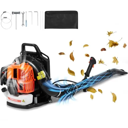 VEVOR Soplador de Hojas de Mochila, Soplador de Hojas de Gas de 2 Ciclos de 63 CC con Tanque de Combustible de 1,89 L, Volumen de Aire de 1110 CFM, Velocidad de 220 mph, para el Cuidado del Césped