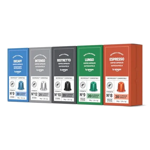 by Amazon Cápsula de café Paquete Variado compatibles con Nespresso, 100 Unidad, 5 Paquetes de 20, Certificado por Rainforest Alliance