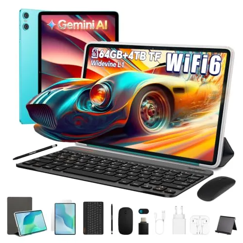 TECLAST P33 Tablet 10 Pulgadas Android 15, Gemini AI, 64GB + 4TB TF, 10 Accesorios, Widevine L1, 6000 mAh, Octa-Core, WiFi 5G &BT 5, GPS, Tablet con Teclado, Lápiz, Funda