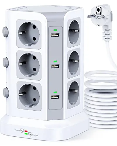 KOOSLA Regleta Vertical, 12 Enchufes, 6 USB, 5M, Blanco | 12 Enchufes, 6 USB, 4000W/16A, 3 Interruptores, Protección contra Sobretensión, Cable 5M