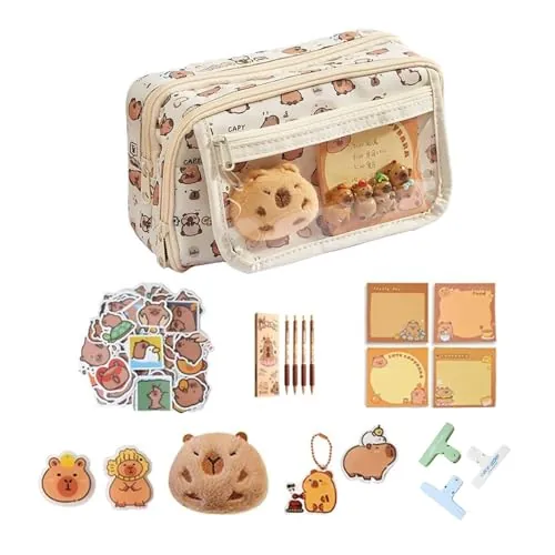 Ferizzia 58 Piezas Juego de Papelería de Capibara, Estuche para Lápices Capybara con 9 Compartimentos, Kawaii Estuche para Lápices Carpincho, con Bolígrafo, Pegatinas, para Niña, Niños, Estudiantes