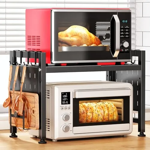 SAYZH Soporte Microondas Extensible, 2 Niveles estante microondas con 10 Ganchos, Soporte Para Microondas Para Encimera de Cocina, 40-70 cm, Negro