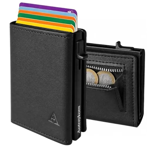 Autreykorn Cartera Hombre Bloqueo RFID Tarjetero Pequeña Negro | Tarjetero Hombre, Cartera con Bloqueo RFID, Caja de Regalo, 10 Tarjetas, Regalo Para Hombre, Porta Tarjetas, Accesorios