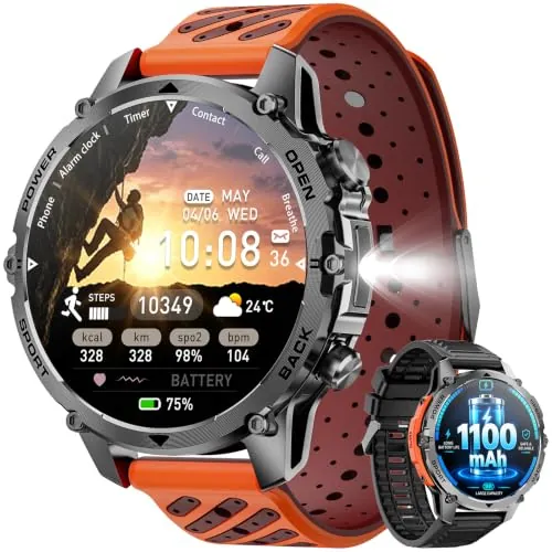 Militar Reloj Inteligente Hombre GPS, 1100 mAh, 1,7" Smartwatch, 2 Correas | Linterna LED, 100＋Modos Deportivos, Monitorización cardíaca/SpO2/sueño, Impermeable IP68, Llamadas Bluetooth para iOS Android