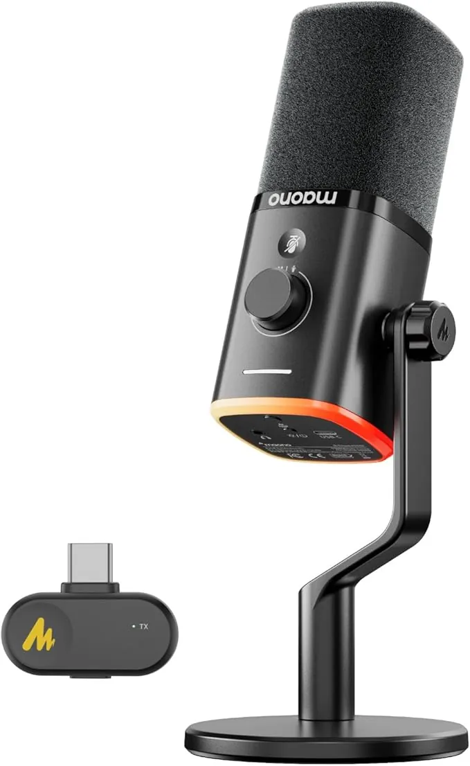 MAONO PD100W Micrófono Gaming Inalámbrico para PC, Micrófono Dinámico USB con Reducción de Ruido, Botón Mute, RGB & EQ por Software para Streaming, Grabación & Podcast, Negro