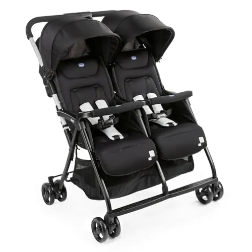 Chicco OHlalà Twin Silla de Paseo Gemelar desde 0 Meses hasta 15 kg para Gemelos y Hermanos, Cochecito Doble Reclinable y Plegable, Ligero, Plegado Compacto, Cubierta Lluvia - Color Negro