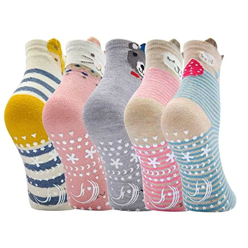 ZFSOCK Calcetines Antideslizantes Niña Divertidos: Algodón Coloridos Estampado de Animales de Dibujos Animados Conejo Oveja Gato Zorro Termicos Calcetines Bebe Niño 5-7 Años 5 Pares 27-30
