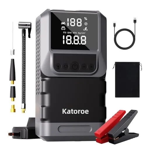 Arrancador de Coches 6000A con Compresor, 150PSI Inflador de Neumáticos, Arrancador de Baterias de Coche(10L Gasolina o 8L Diésel), 12V Jump Starter con Pantalla LED, Luz de Emergencia