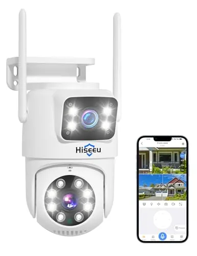 Hiseeu 3MP Cámara Vigilancia WiFi Exterior, Doble Lente, PTZ 355°/90°