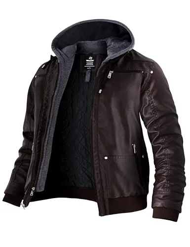 Wantdo Chaqueta de Piel Sintética Hombre Abrigo Cálido Antiviento Café XL | Cortavientos,Informal,Bolsillos con Cremallera,Puños Acanalados,Acolchado,Clásico,Estilo Motero,Prenda de Abrigo,Ropa Urbana