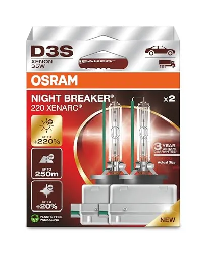 OSRAM XENARC NIGHT BREAKER 220, D3S, +220% más brillo, lámpara de faro de xenón, 66340XN2-2HB, Caja plegable (2 lámparas)