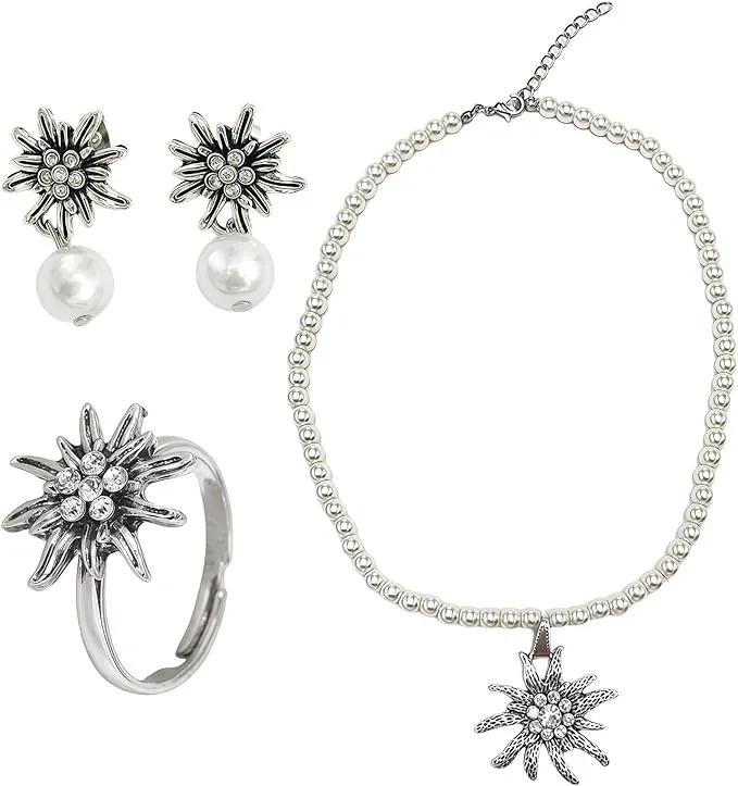 GWAWG Juego de 4 collares de Edelweiss para Oktoberfest, collar elegante de Edelweiss, anillo y pendientes, cadena de clavícula, gargantilla para el Oktoberfest, circonita creada