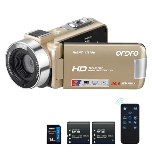 ORDRO B320 1080P con tarjeta de 16 GB, zoom digital 18x, visión nocturna, pantalla HD giratoria a 270°, cámara Full HD 1080p 30MP, 2 baterías doradas