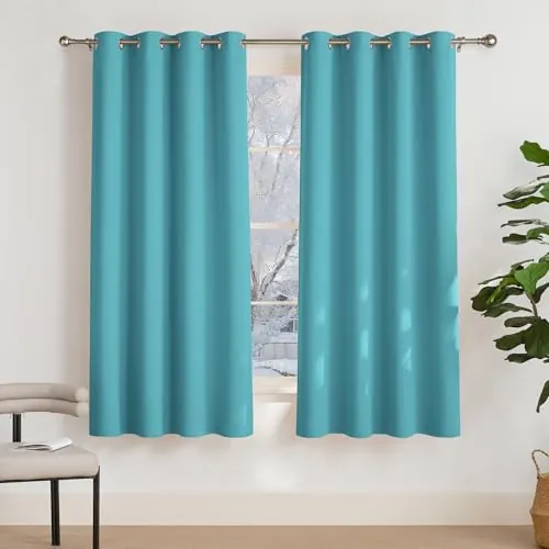 PONY DANCE Cortinas Opacas Cortas para Ventanas 2 Piezas,Azul Claro | 140x175cm(AnxAl), Termicas Aislantes Frio y Calor para Cocina, Bloquea UV,Puerta Divisora para Armario,con Ojales