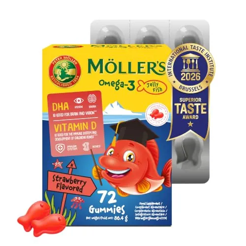 Moller’s ® | Omega 3 para niños | Omega-3 Cápsulas de Aceite de Pescado con Ácidos Grasos Omega 3 | Con DHA y EPA, Sin Gluten, Sin Lactosa, Sin Azucares Añadidos | Fresa | 72 Uds