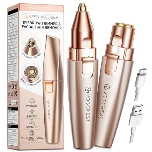 VG VOGCREST Recortador facial de cejas: 2 en 1, recargable, depilación facial y afeitadora de cejas, afeitadora facial sin dolor para cara, labios y cuerpo, con luz LED integrada (Rosa)