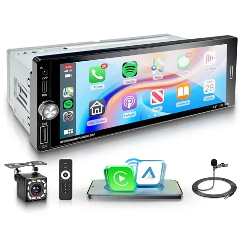 Rimoody Carplay Radio de Coche 1 DIN con A-pple Carplay Android Auto 6.9 Pulgadas Pantalla Táctil Radio Coche con Mirror Link Bluetooth FM Radio USB/AUX/EQ/Type C Comandos al Volante Cámara Trasera