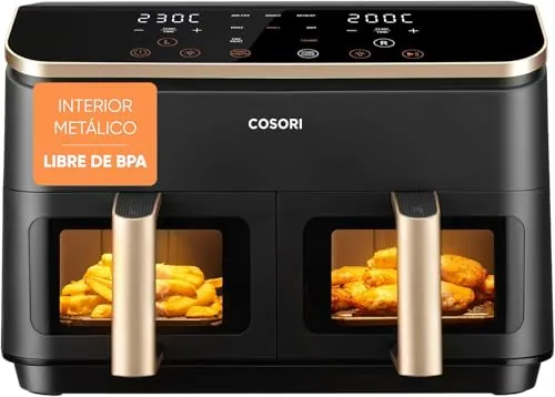 Cosori Air Fryer Grande 8,5 Litros, Freidora de Aire con Doble Cesta, Airfryer con Ventana, Recetas en la App, Multifunción 10 en 1, Alta Potencia y 55% de Eficiencia, Bajo Ruido, Fácil de Limpiar