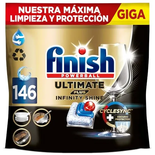 Finish Ultimate Plus Infinity Shine, Pastillas para el Lavavajillas, limpieza y brillo intensivos, y protección del cristal, 146 pastillas