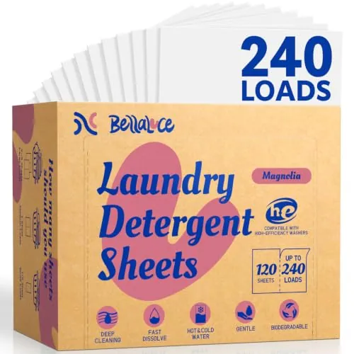 BellaLuce Hojas de detergente, ropa de lino fresca, 240 lavados, sin plástico, hipoalergénico, 120 hojas, altamente concentrado, libre de colorantes y fosfatos