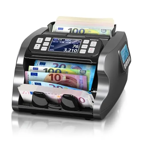 MUNBYN 2026 Nuevo Contadora de Billetes de Mixto, Maquina Contar Billetes, Detector Billetes Falsos con CIS/UV/IR/MG/MT, EUR, USD, CAD, Más de 120 Divisas, Doble Pantalla, IMC22