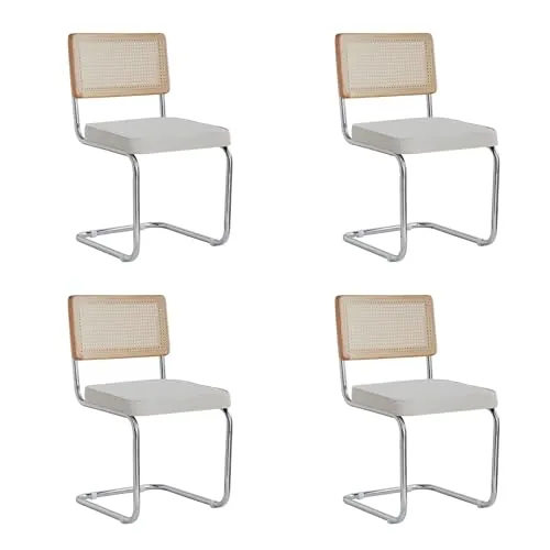 GrandCA HOME Pack de 4 Sillas de Comedor con Respaldo de Caña Natural y Base Cromada de Acero Inoxidable, Sillas de Cocina Tapizadas de Ratán,Blanco