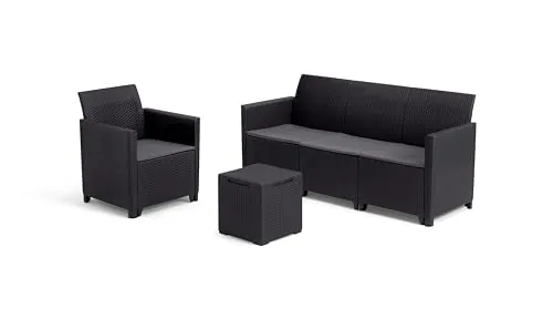 Keter Nora Conjunto de jardín Exterior 4 plazas con Cojines incluidos y Mesa de almacenaje Auxiliar de 35L, Posibilidad de 2 configuraciones de Montaje (2+2 o 3+1), Color Grafito
