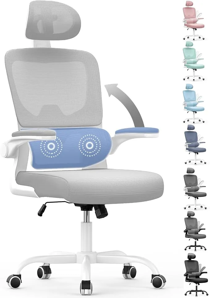 naspaluro Silla Oficina,Silla Escritorio Ergonómica con Soporte Lumbar Dinámico, Reposabrazos Abatibles, Silla Escritorio con Ajuste de Altura, función de balanceo de 120°, Mejora Gris