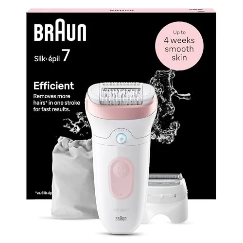 Braun Silk-épil 7, Depiladora Eléctrica Mujer para Una Eliminación del Vello Fácil, Resistente al Agua, con Cabezal de Rasuradora, Piel Suave Duradera, 7-030, Blanco/Flamenco