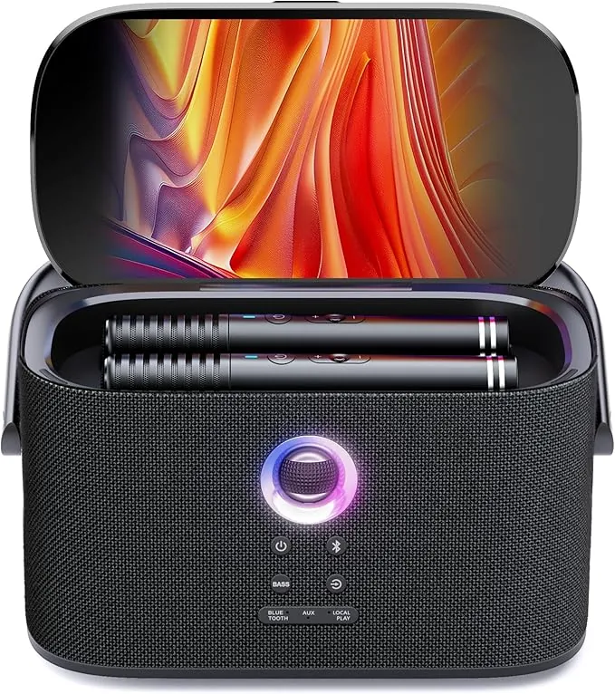 Máquina de Karaoke para Adultos, Pantalla Integrada con Letras, 2 Micrófonos Inalámbricos de Autocarga, Aplicación de Karaoke, Altavoz 140W, Conexión a TV para Fiestas en Casa y Exteriores (Shell S2)