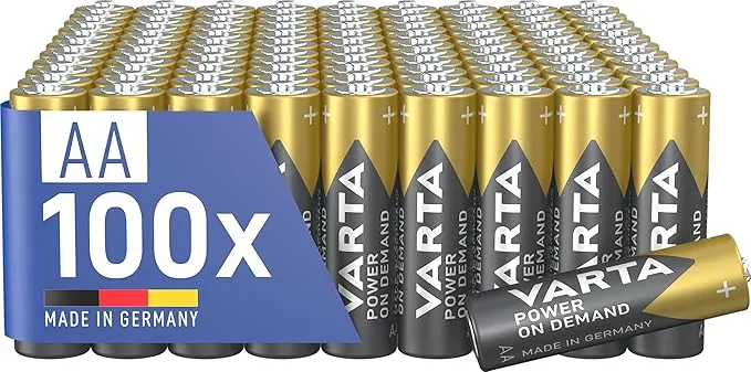 VARTA Pilas AA, paquete de 100, Power on Demand, Alcalinas, 1,5V, para accesorios de ordenador, dispositivos Smart Home, linternas, Made in Germany